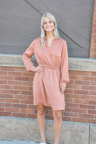 Smocked Waist Satin Long Sleeve Dress