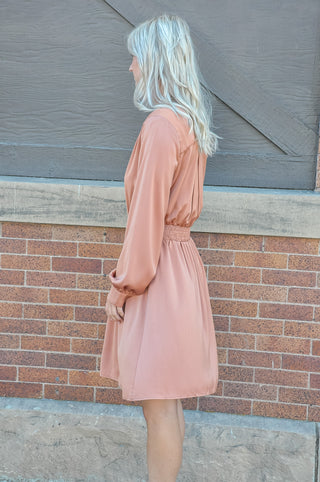 Smocked Waist Satin Long Sleeve Dress