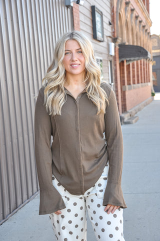 Snap Button Bell Sleeve Shirt Top
