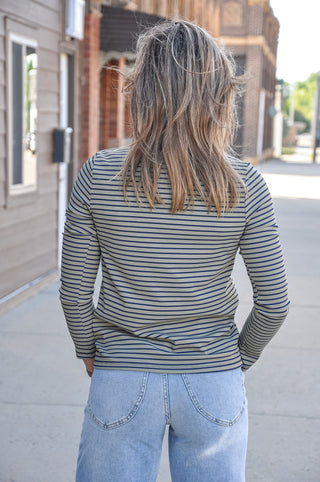 Snap Half Button Striped Ribbed Top