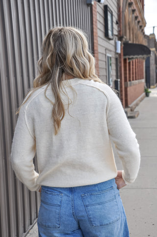 Soft Cream Round Neck Henley Sweater Top