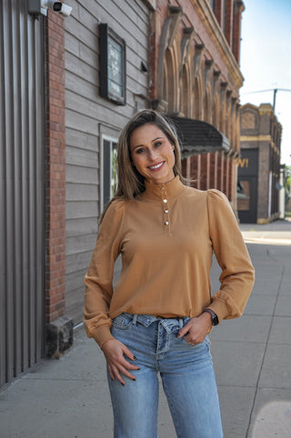 Soft Terry Puff Sleeve Half-Button Top