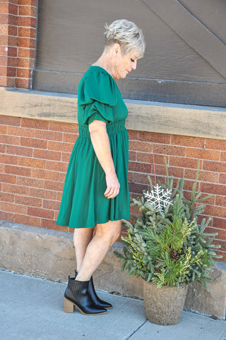 Solid Green V-neck SS Mini Dress