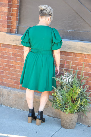 Solid Green V-neck SS Mini Dress