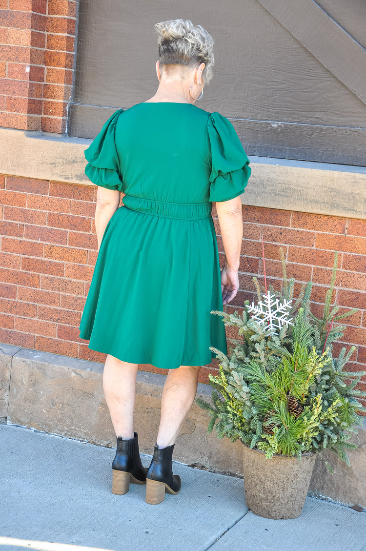 Solid Green V-neck SS Mini Dress
