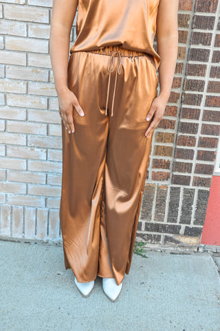 Spaghetti Tie Waist Satin Pants