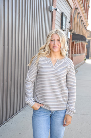 Split Neck Micro Brushed Stripe Top