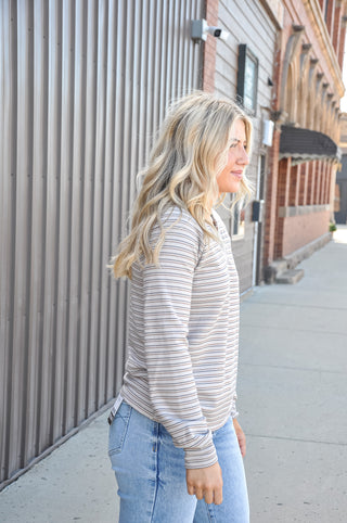 Split Neck Micro Brushed Stripe Top