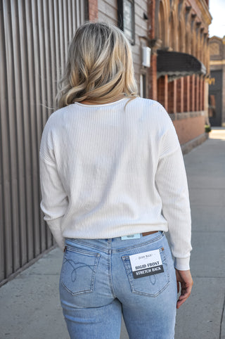 Split Neck Mini Waffle Knit Pullover Sweater