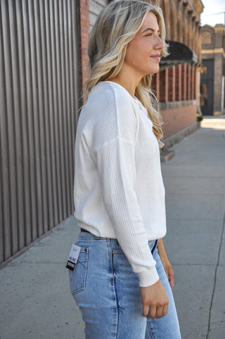 Split Neck Mini Waffle Knit Pullover Sweater
