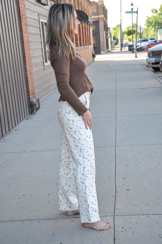 Cream Floral HR Straight Twill Pants