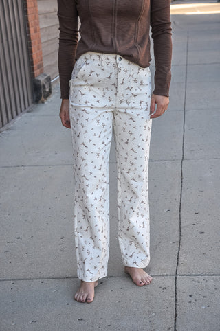 Cream Floral HR Straight Twill Pants