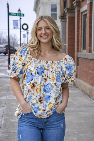 Sq Neck Smocked Floral Print Top