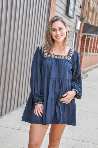 Square-neck Embroidered Tiered Mini Dress, view 2