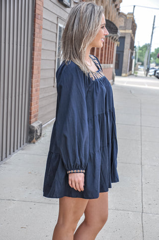 Square-neck Embroidered Tiered Mini Dress, view 3