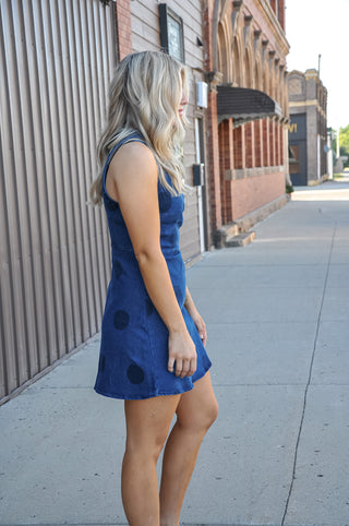 Stone Washed Polka Dot Side Pleat Denim Dress