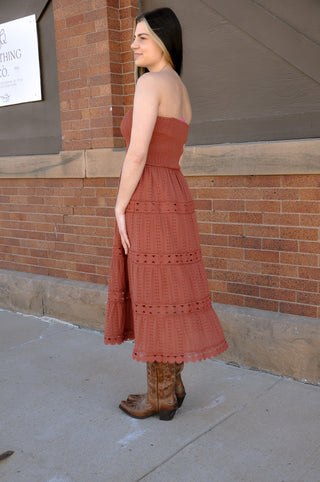 Strapless Smocked Eyelet Maxi Dress