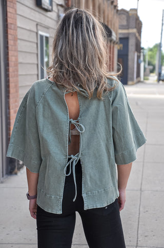 Stretch Denim Tie Back Detail Blouse