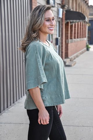 Stretch Denim Tie Back Detail Blouse