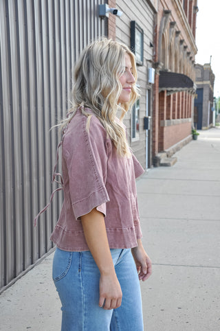 Stretch Denim Tie Back Detail Blouse