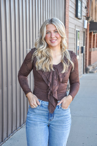 Stretch Lace Ruffle Tie Mesh Top