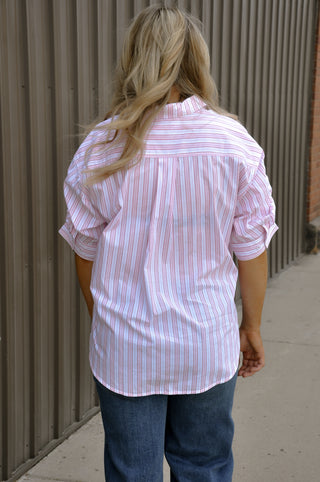 Stripe Boyfriend Shirt Ruched Sleeve