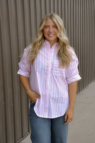 Stripe Boyfriend Shirt Ruched Sleeve