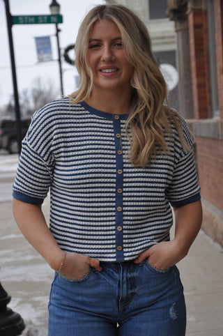 Stripe Button Down SS Thermal Top