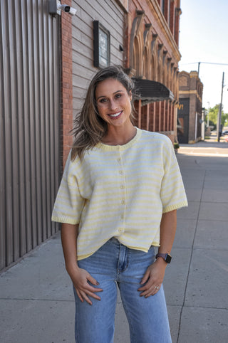 Stripe Button-Front SS Cardigan