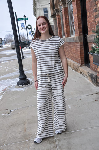 Stripe Drawstring Wide Leg Lounge Set