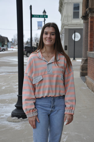 Stripe French Terry Semi Button Up Top