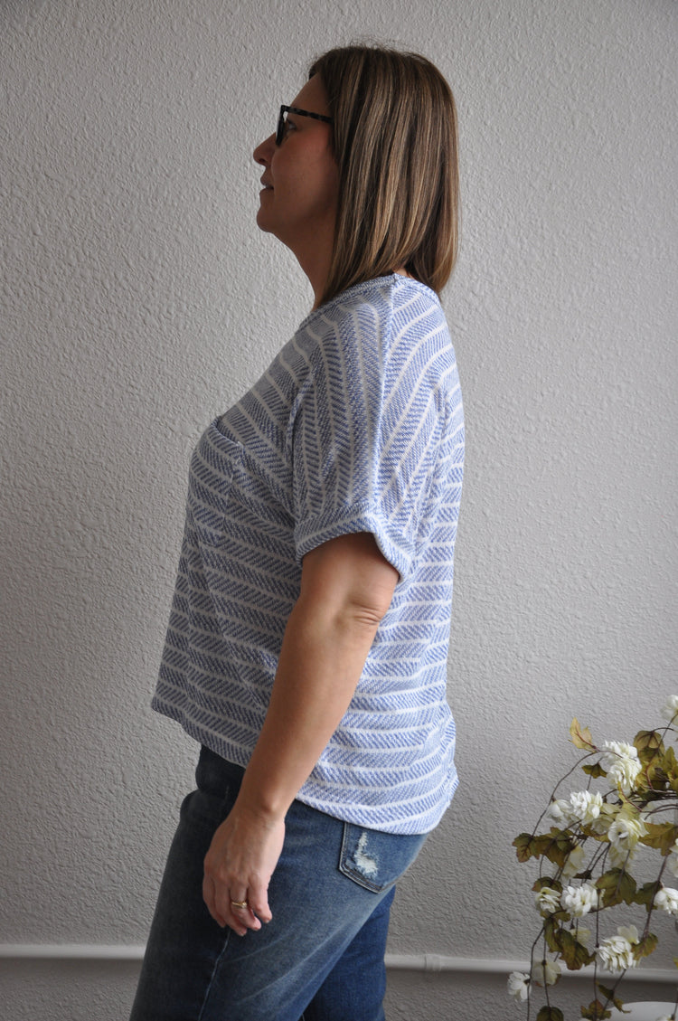 Striped Knit Round Neck SS Top