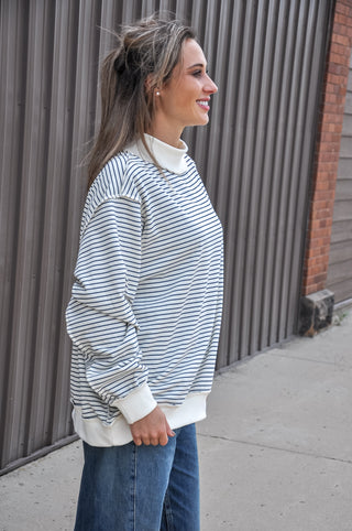 Stripe Print Mock Neck Oversized Sweatshirt, view 3