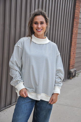 Stripe Print Mock Neck Oversized Sweatshirt