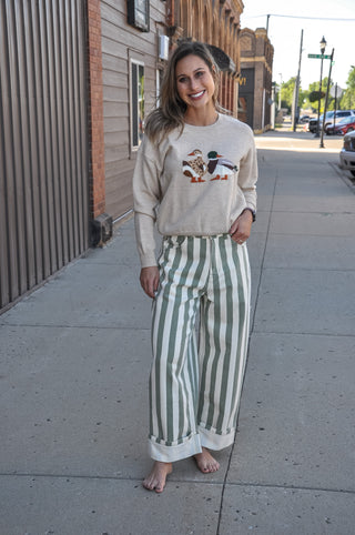 Stripe Rolled Up Barrel Printed Jeans