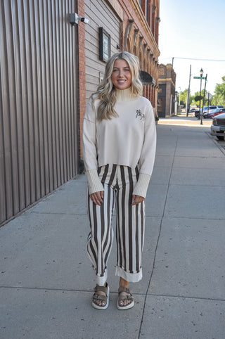 Oatmeal Horse Embroidered Mock Neck Sweater