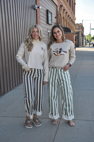 Stripe Rolled Up Barrel Printed Jeans