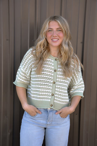 Stripe SS Crochet Knit Cardigan