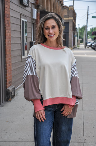 Stripe & Color Block Detailed Sweatshirt