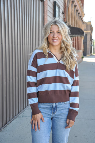 Striped Collared V-Neck Knit Top
