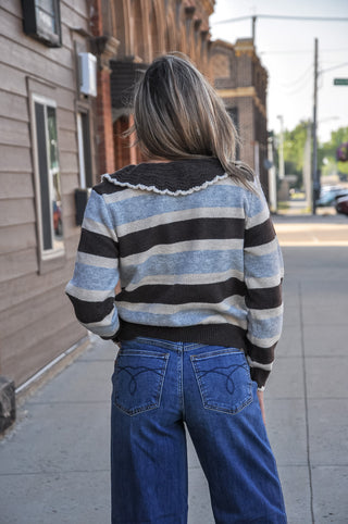 Striped Knit Cardigan With Scalloped Collar
