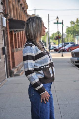 Striped Knit Cardigan With Scalloped Collar