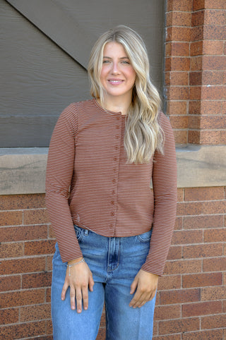 Striped Knit LS Button Up Cardigan