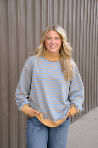 Striped Mock Neck Drop Shoulder Pullover