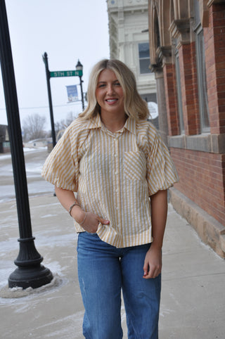 Striped Puff Sleeve Button Up Shirt