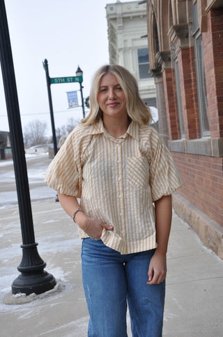 Striped Puff Sleeve Button Up Shirt