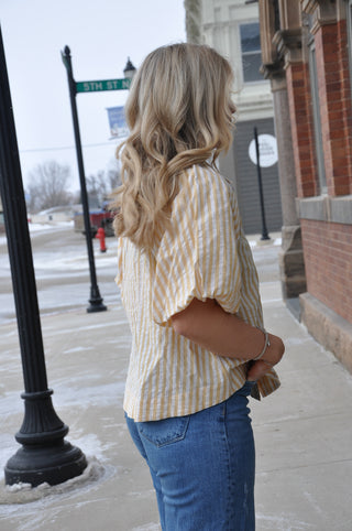 Striped Puff Sleeve Button Up Shirt