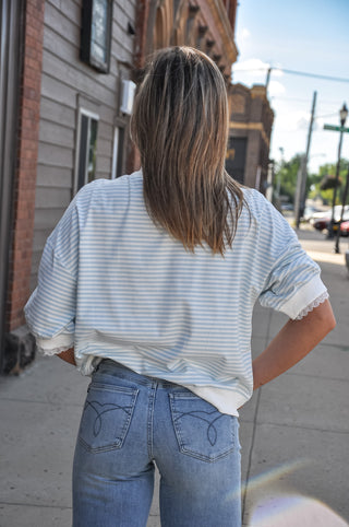 Striped Puff Sleeve Top with Lace Trim