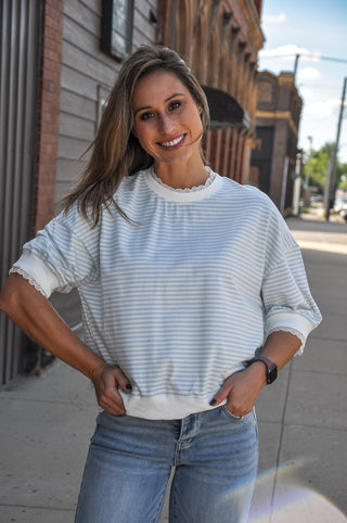 Striped Puff Sleeve Top with Lace Trim