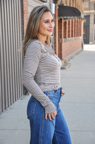 Striped Ruffled Lace-trim Henley Top